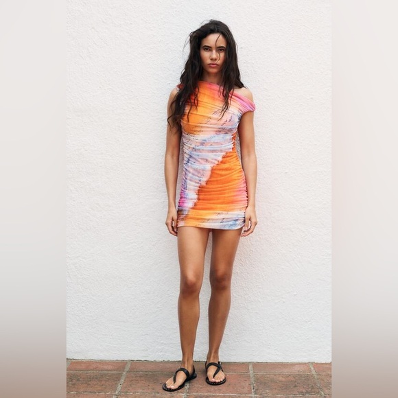 Zara dress mini drapped tulle bleach effect summer party night out - Picture 7 of 9